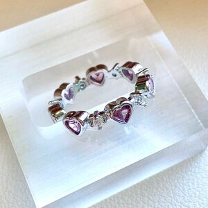 Silver Heart Eternity Ring with Pink Stones